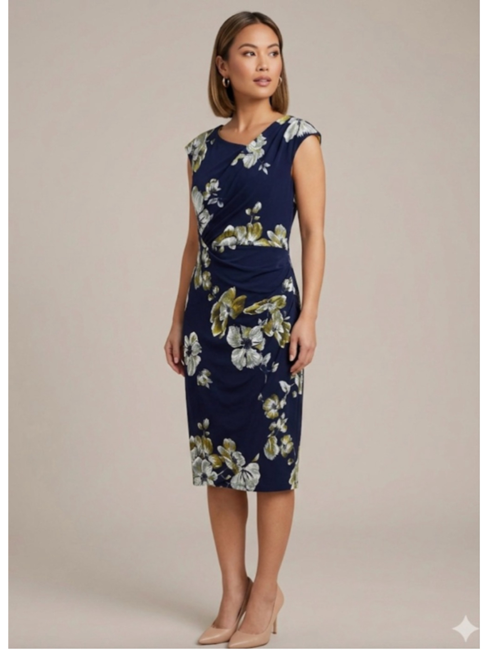 Connected Apparel Navy Floral Jersey Dress 10P